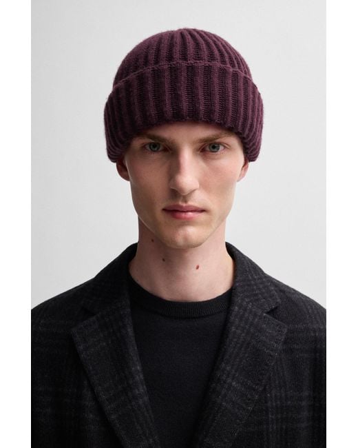 Boss Purple Fisherman Beanie Hat In Virgin Wool And Cashmere for men