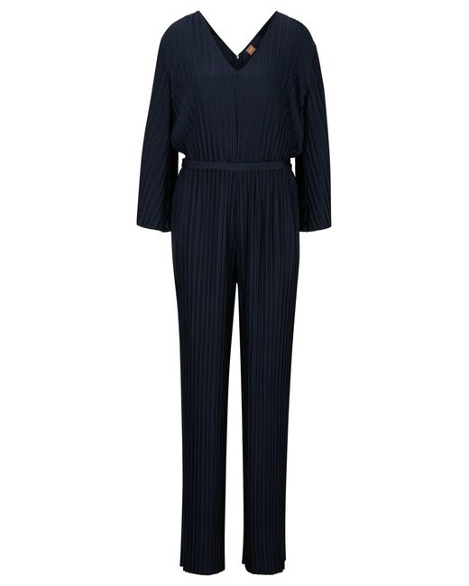 Boss Blue Long-sleeved V-neck Jumpsuit With Plissé Pleats