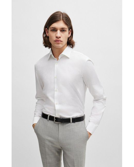 HUGO White Slim-fit Shirt In Cotton With A Stacked-logo Jacquard for men