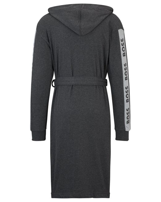 Boss Black Charcoal Hooded Dressing Gown With Logo-print Sleeves