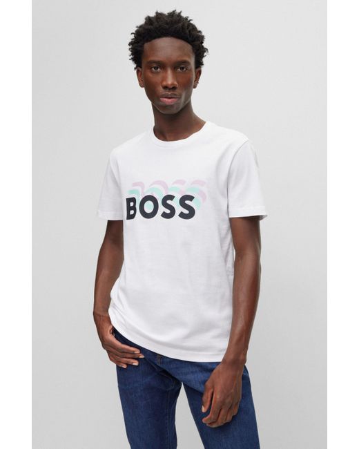 BOSS by HUGO BOSS Cotton-jersey Slim-fit T-shirt With Repeat Logos in ...