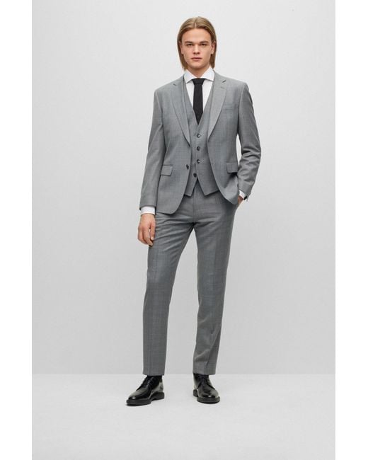BOSS by HUGO BOSS Slim-fit Suit In Checked Virgin-wool Serge in Grey for Men  | Lyst Canada