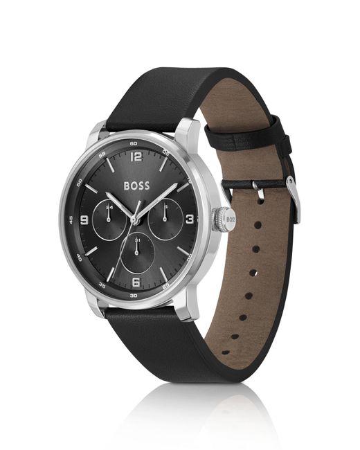 Boss Leather-strap Watch With Black Dial for men
