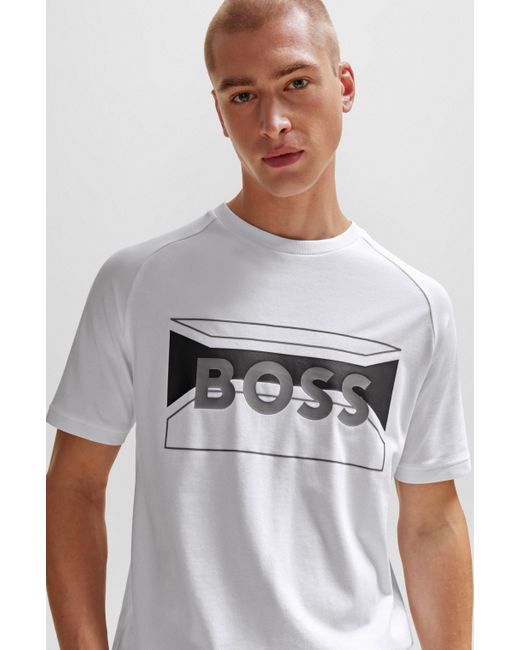Boss White Cotton-blend Regular-fit T-shirt With Logo Artwork for men