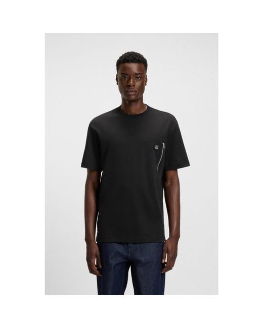 HUGO Black Interlock-Cotton T-Shirt With Zip Pocket for men
