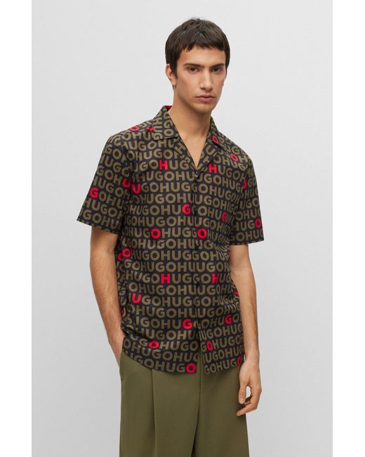 HUGO Brown Relaxed-fit Shirt In Logo-print Cotton Poplin for men