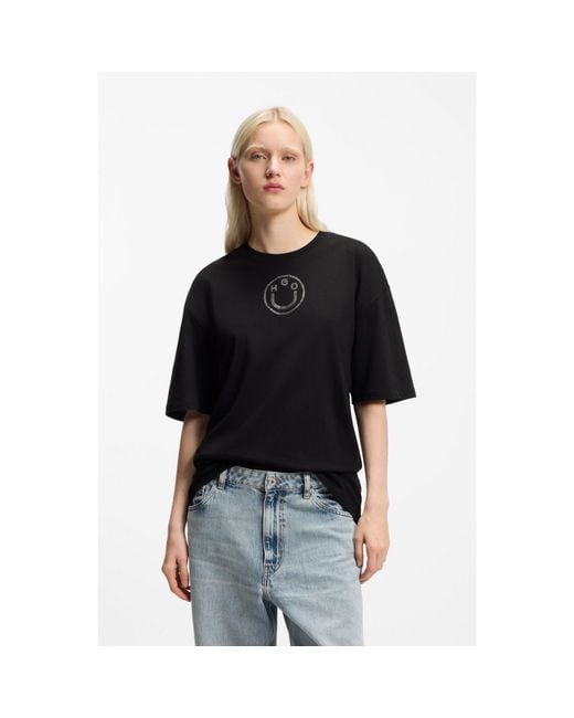 HUGO Black Oversized-Fit Cotton T-Shirt With Rhinestone Happy Logo