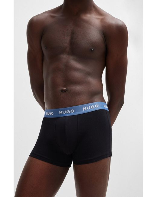 HUGO Black Three-pack Of Stretch-cotton Trunks With Logo Waistbands for men