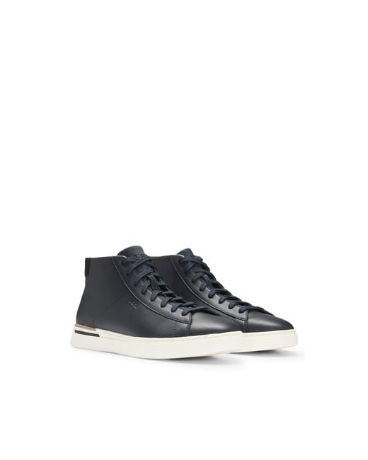 Boss Blue Leather High-Top Trainers With Signature Stripe for men