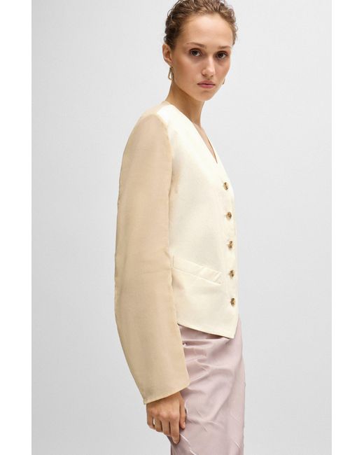 Boss White Mixed-material Button-up Jacket With Cotton Sleeves