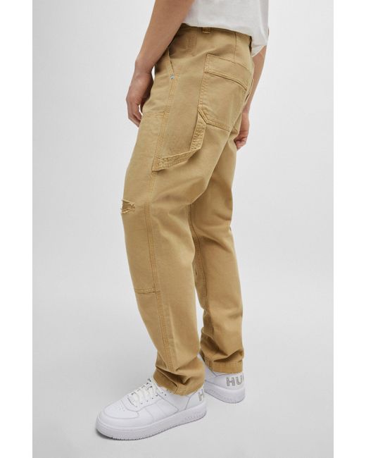 HUGO Cotton-canvas Trousers With Distressed Details in Natural for Men ...