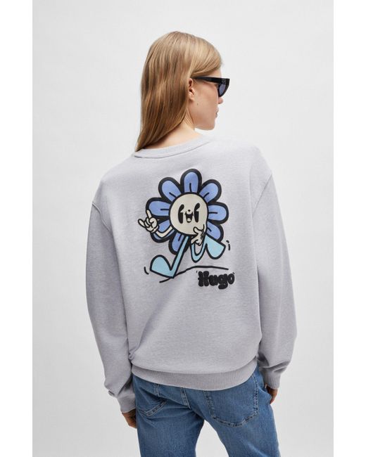 HUGO Gray Sweatshirt aus Baumwoll-Terry mit Grafik-Prints der Saison