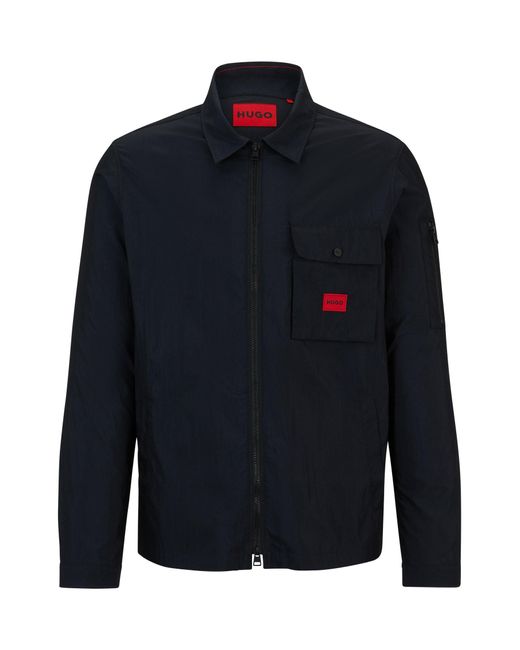 HUGO Blue Zip-up Cotton-blend Canvas Overshirt With Logo Label for men