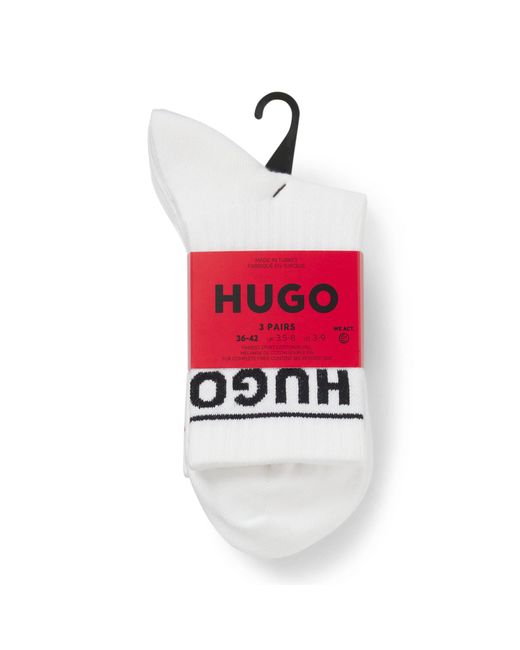 HUGO White 3 Pack Ribbed Sporty Socks