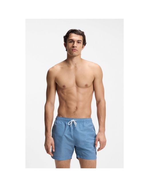 Boss Blue Printed Swim Shorts With Logo Badge for men