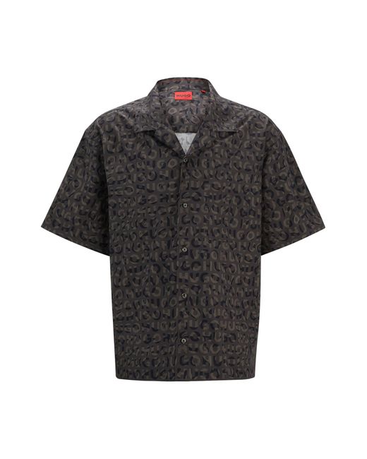 HUGO Black Oversized-fit Shirt In Seasonal-print Cotton Poplin for men