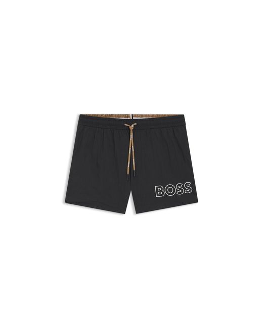 Boss Black Swim Shorts With Outline Logo Print for men