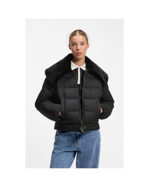 HUGO Black Water-Repellent Puffer Jacket With Detachable Faux-Fur Collar