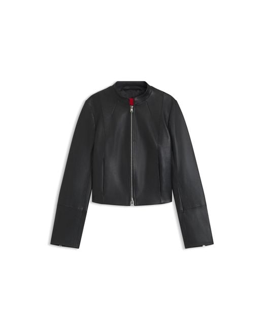 HUGO Brown Regular-Fit Leather Jacket With Stand Collar