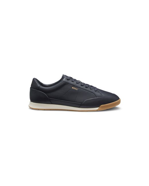 Boss Blue Leather Trainers With Foil Logo for men