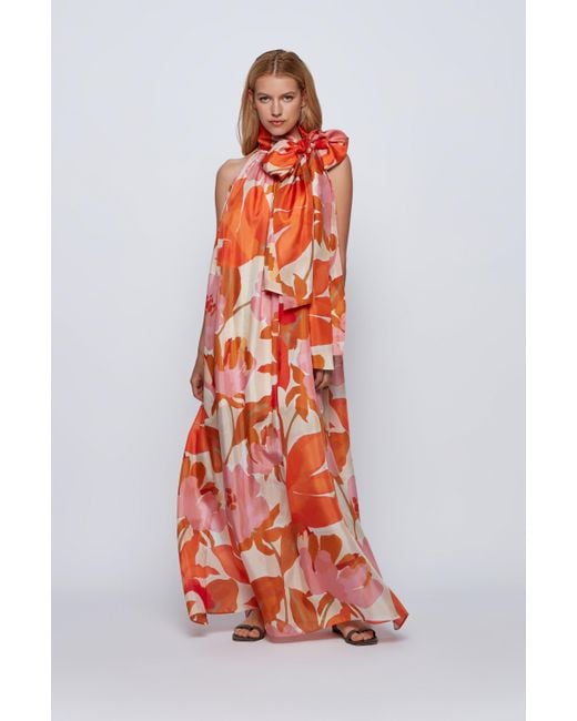 Robe longue en soie imprimee avec col a lavalliere BOSS Lyst