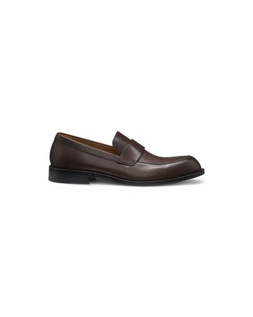 Boss Brown Leather Loafers With Penny Trim for men