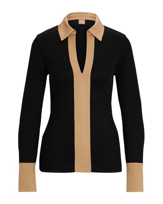 Boss Black Ribbed Long-sleeved Blouse With Johnny Collar