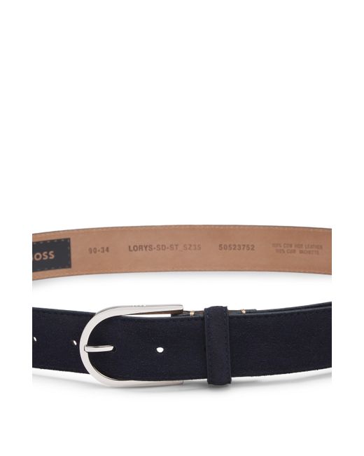 Boss Blue Italian-suede Belt With Rounded Brass Buckle for men
