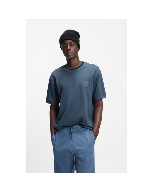 HUGO Blue Cotton-Blend T-Shirt With Drop-Needle Stripe for men