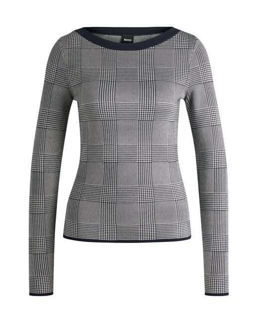Boss Gray Wide-neck Sweater In Stretch Jacquard