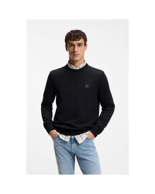 Boss Blue Cotton-Blend Sweater With Logo Patch for men