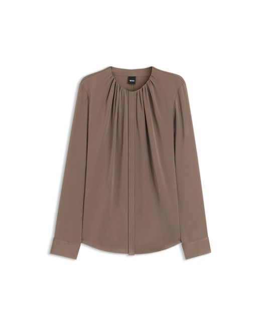 Boss Brown Stretch-Silk Blouse With Gathered Details