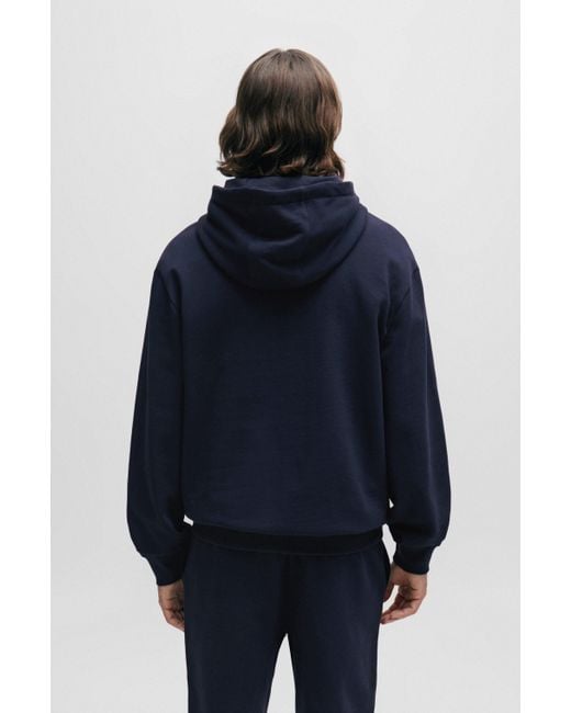 HUGO Blue Cotton-terry Relaxed-fit Hoodie With Logo Print for men