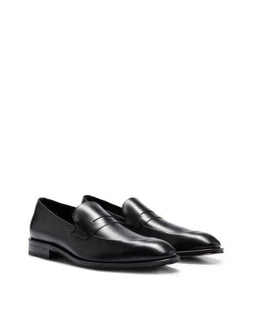 Boss Black Italian Leather Loafers With Apron Toe And Branded Trim for men