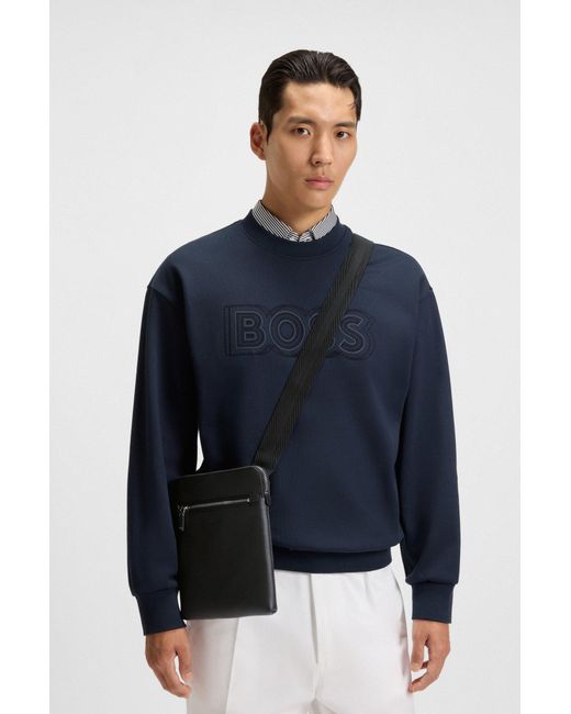 Boss Enveloptas Van Italiaans Leer Met Reliëflogo in het Black voor heren