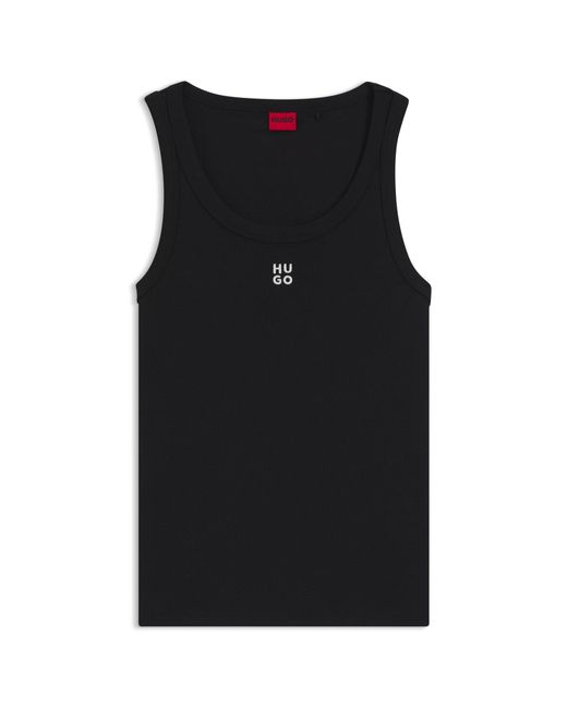 HUGO Blue Ribbed Cotton-Blend Tank Top With Embroidered Stacked Logo
