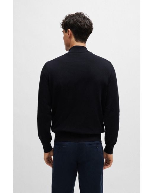 Boss Blue Logo-embroidered Zip-neck Sweater In Cotton Jersey for men