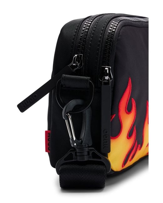 HUGO Black Cross-body Bag With Flame Embroidery for men