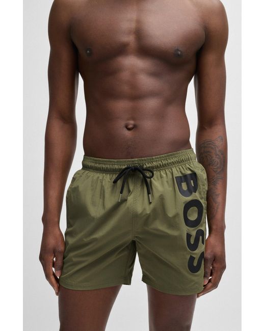 Boss Green Vertical-logo-print Swim Shorts In Quick-dry Poplin for men