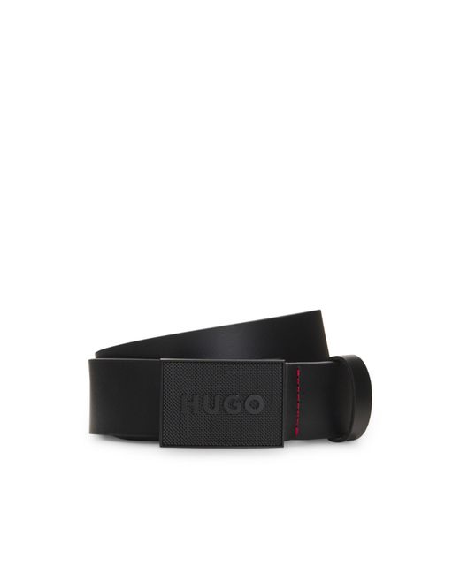 HUGO Black Italian-Leather Belt With Logo Plaque Buckle for men