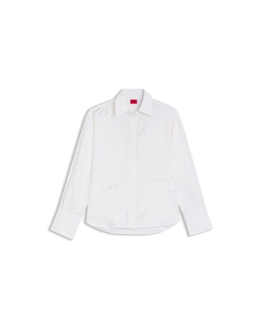 HUGO White Oversized-Fit Blouse With Burnout Logo Print