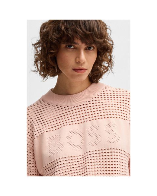 Boss Pink Open-Knit Sweater With Logo Detail