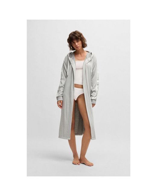 Boss Gray Hooded Dressing Gown With Logo-Print Sleeves