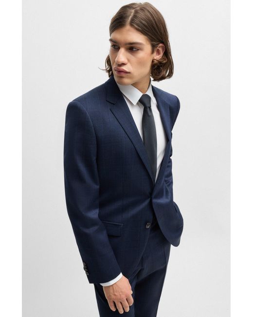 HUGO Blue Slim-fit Suit In Checked Stretch Virgin Wool for men