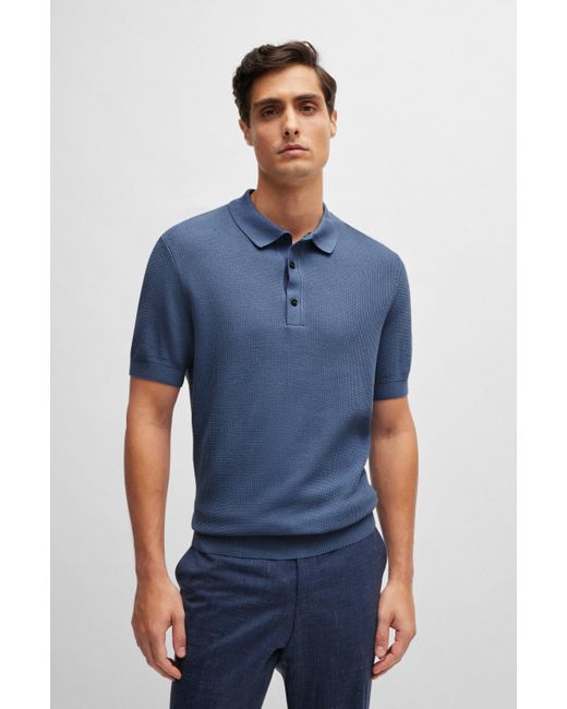 Boss Blue Regular-fit Polo Sweater With Mixed Structures for men