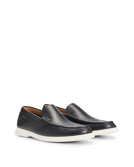 Boss Black Tumbled-leather Loafers With Contrast Outsole for men