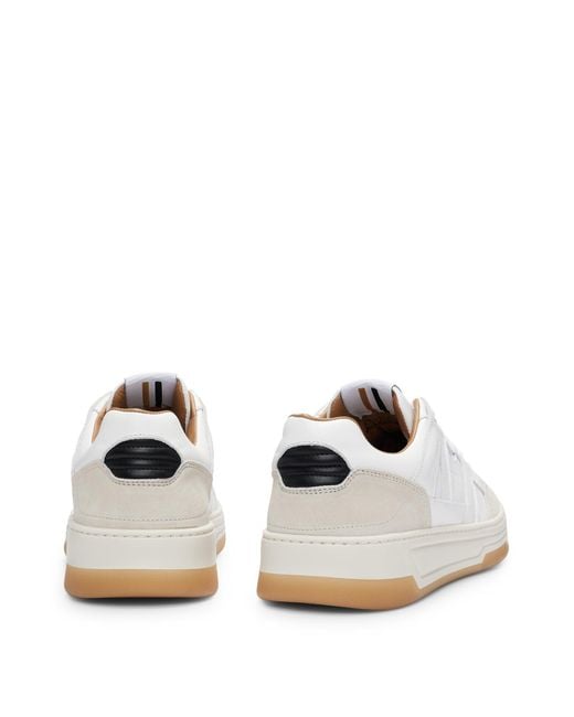 Boss White Leather And Suede Trainers With Signature Stripe And Logo for men