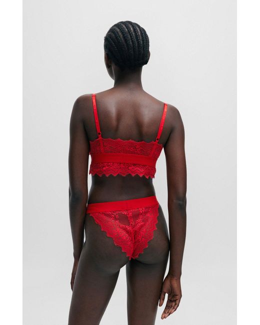HUGO Red Padded Triangle Bra In Geometric Lace With Logo Label