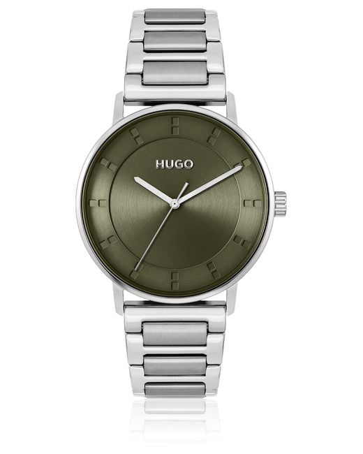 HUGO Gray Link-bracelet Watch With Olive Dial for men