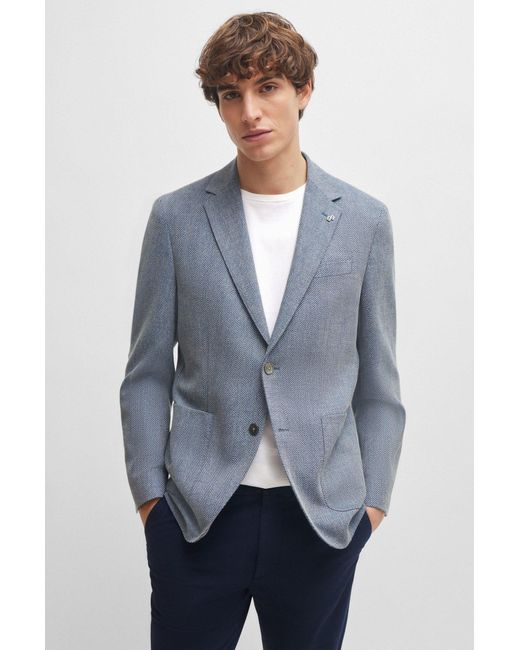 Boss Gray Regular-fit Jacket In Herringbone Cotton And Wool for men